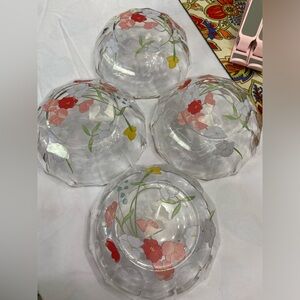 4PC. Set Geometric Floral Painted Clear Glass Bowl
